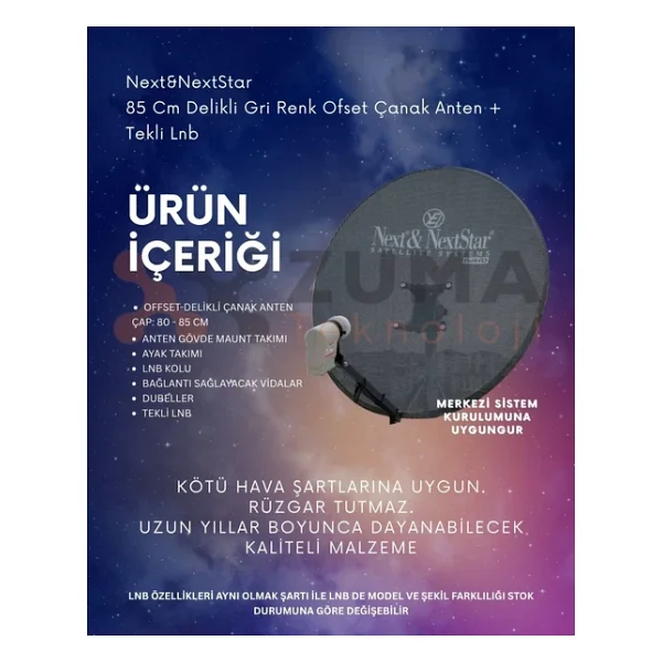Next&Nextstar 85 Cm Delikli Gri Renk Ofset Çanak Anten + Tekli Lnb - Görsel 2