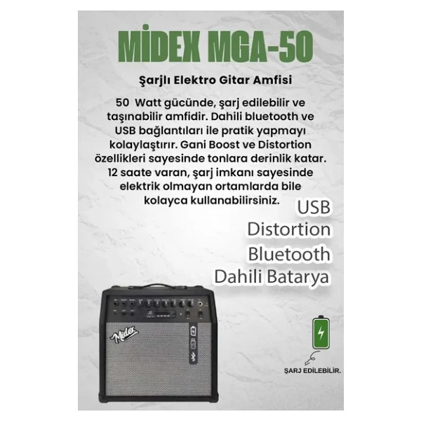 Midex Mga-50bk-Pak Elektro Gitar Amfisi 50 Watt USB Bluetooth Şarjlı 4 Girişli (Mikrofon Kulaklık Stand Kablo) - Görsel 4