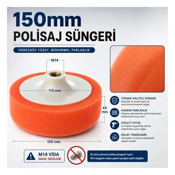 Polisaj Süngeri Turuncu Oto Pasta Cila Parlatma Pedi 150mm - Görsel 5