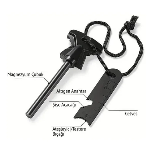 Single Sword Magnezyum Çubuğu - Pusulalı, Düdüklü Cetvelli Ateş Başlatıcı - Görsel 3