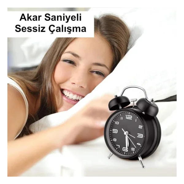 Valkyrie Sessiz Akar Saniyeli 16cm Alarm Masa Çalar Saat Yüksek Zil Sesi Büyük Boy Siyah - Görsel 9