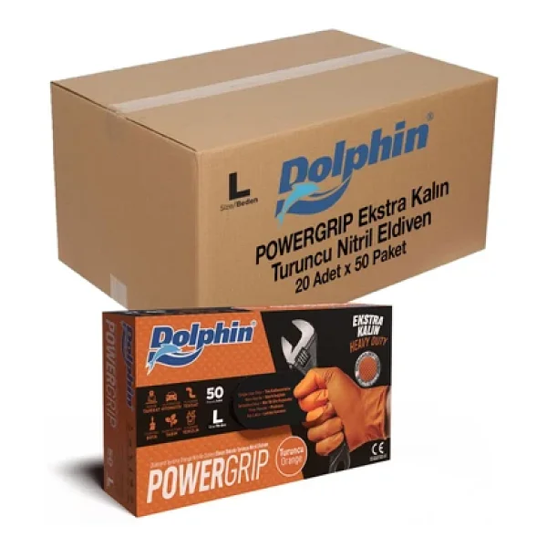 Dolphin Nitril Powergrip Ekstra Kalın Elmas Dokulu Eldiven Turuncu Large Büyük Boy - 50'li 3 Paket - Görsel 4