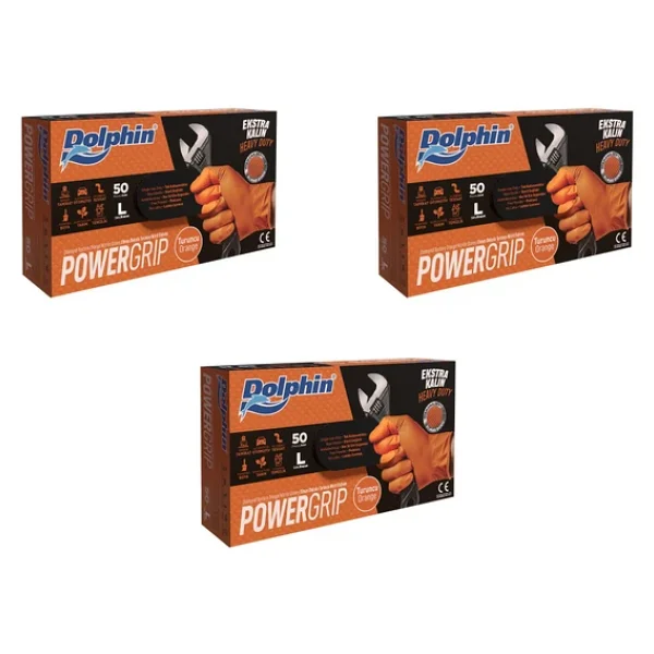 Dolphin Nitril Powergrip Ekstra Kalın Elmas Dokulu Eldiven Turuncu Large Büyük Boy - 50'li 3 Paket - Görsel 5
