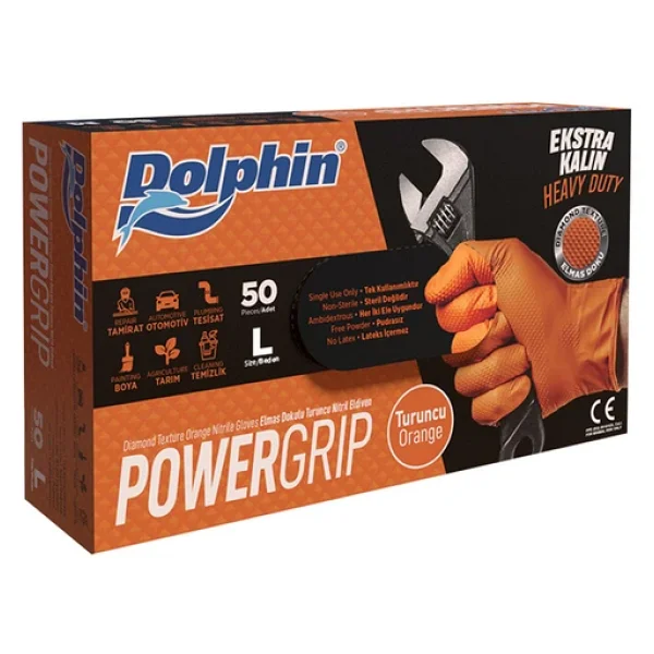 Dolphin Nitril Powergrip Ekstra Kalın Elmas Dokulu Eldiven Turuncu Large Büyük Boy - 50'li 3 Paket - Görsel 6