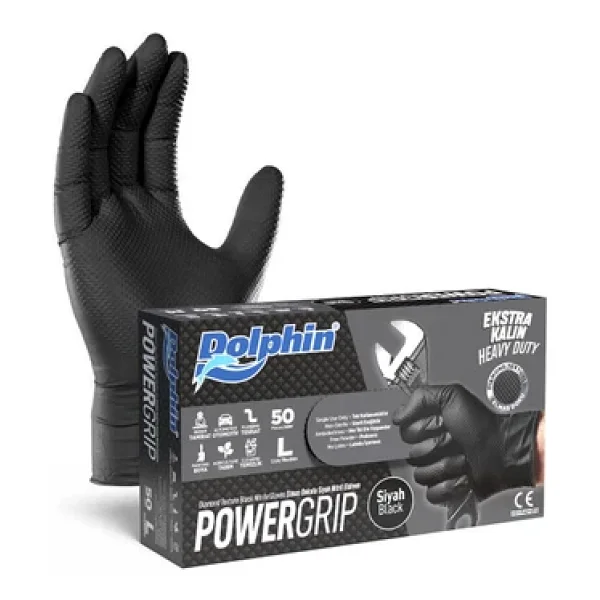 Dolphin Nitril Powergrip Ekstra Kalın Elmas Dokulu Eldiven Siyah Large Büyük Boy - 50'li Paket - Görsel 6