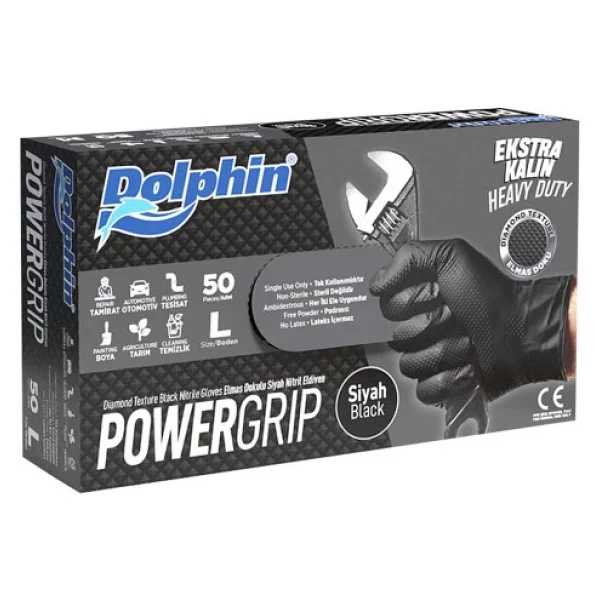 Dolphin Nitril Powergrip Ekstra Kalın Elmas Dokulu Eldiven Siyah Large Büyük Boy - 50'li Paket - Görsel 4