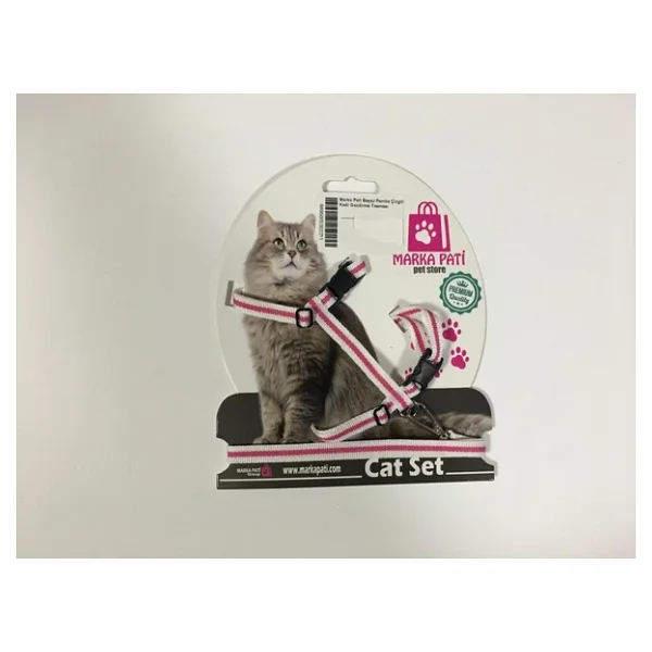 Marka Pati Beyaz Pembe Çizgili Kedi Gezdirme Tasması - Görsel 3