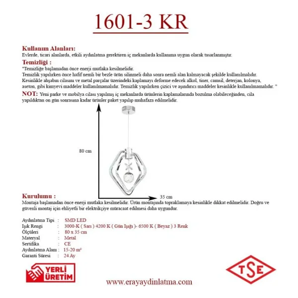 Eray Aydinlatma 1601-3 Krom LED Avize - Görsel 3
