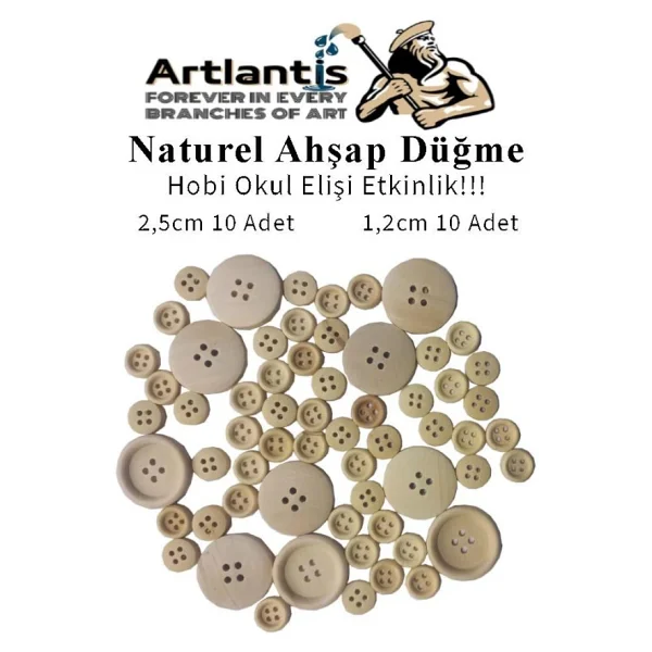 Düğme Naturel Ahşap 60 Adet 1 Paket Okul Kreş Sanat Etkinlik Anasınıfı 1,2cm 50 Adet 2,5cm 10 Adet - Görsel 3