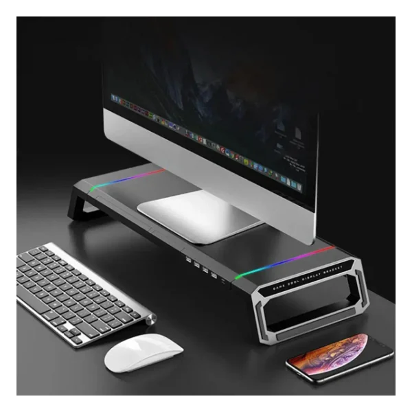 Techtic Bilgisayar Monitor Yukseltici Laptop Sehpasi RGB 4 USB Hub Yukseklik Ayarli Monitor Standi - Görsel 2