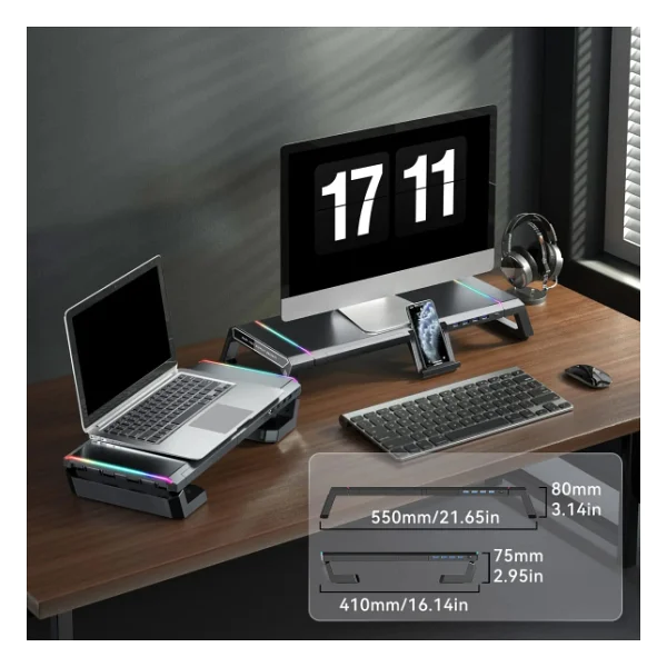 Techtic Bilgisayar Monitor Yukseltici Laptop Sehpasi RGB 4 USB Hub Yukseklik Ayarli Monitor Standi - Görsel 3