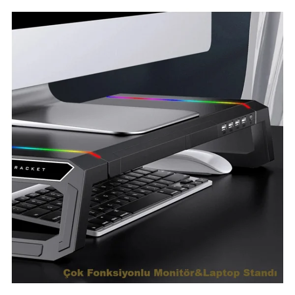 Techtic Bilgisayar Monitor Yukseltici Laptop Sehpasi RGB 4 USB Hub Yukseklik Ayarli Monitor Standi - Görsel 7