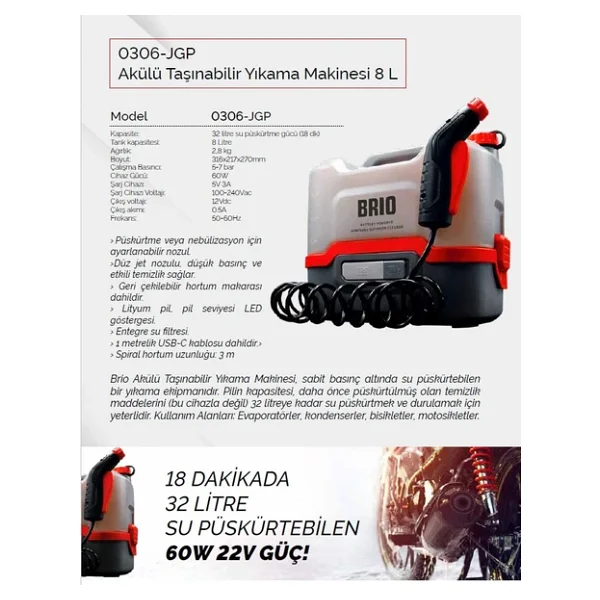 Brio 0306- Jgp Jetgun Pro 60 W Akülü Basınçlı Yıkama Makinesi - Görsel 6