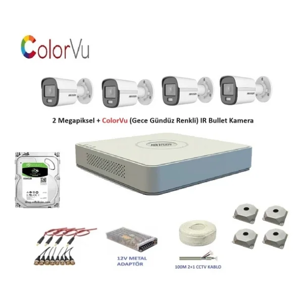 Hikvision 2mp 4 Kamerali Dis Ortam Ahd HD-Tvı Colorvu Gece Renkli Kamera Seti 500gb Disk - Görsel 6