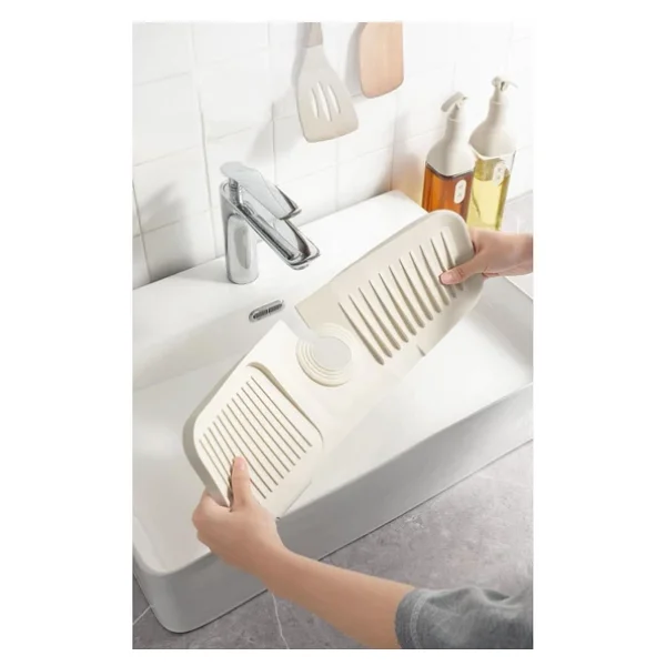 Krem Elastik Musluk Matı Su Tutucu Düzenleyici Kaydırmaz Taban Organizer Mutfak Banyo Lavabo - Görsel 3