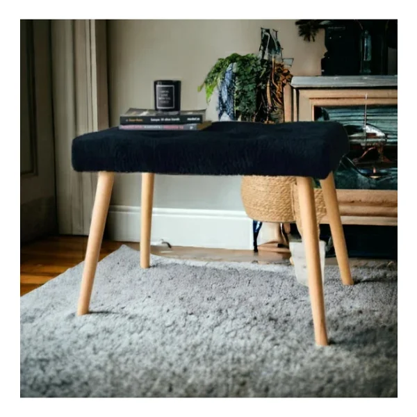 Beylerbeyi Gürgen Retro Ahşap Ayaklı Handmade Siyah Pofidik Puf Bench Koltuk Sandalye - Görsel 4