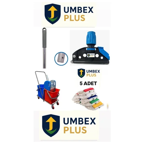 Umbex Plus Çift Kovalı Temizlik Arabası Krom Gövdeli Çelik Presli Paspas Arabası Seti Islak Mop Seti. - Görsel 2