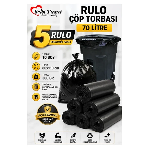 Kalbi Ticaret Kalın Çöp Torbası 300 Gr X 5 Rulo Siyah Çöp Poşeti 80x110 Cm Jumbo Endüstriyel Çöp Torbası - Görsel 5