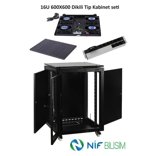 Ulusal 16u 600x600 Dikili Tip Kabinet Seti Tekerlek Takimi 4lu Fan 9lu Priz Sabit Raf Dahil Set - Görsel 4