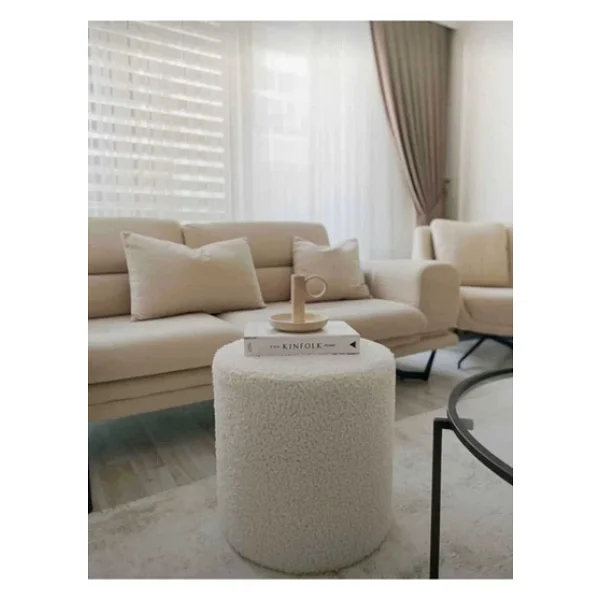 Beylerbeyi Handmade Kırık Beyaz Tedy Kumaş Silindir Dekoratif Pufidik Bench - Görsel 3