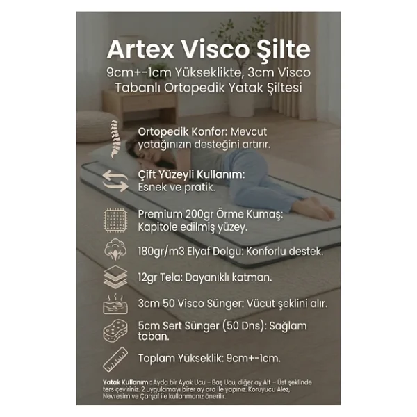 Artex Visco Sünger Şilte 80x190 Yer Yatağı 9 +-1cm Cm Ped Yatak Şiltesi Pedi Topper Mattress - Görsel 4