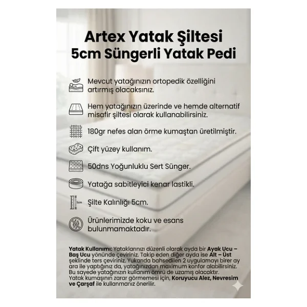 Artex Cotton 5cm Sünger Şilte 150x200 Ped Yatak Şiltesi Pedi Topper Katlanabilir Katlanır - Görsel 5