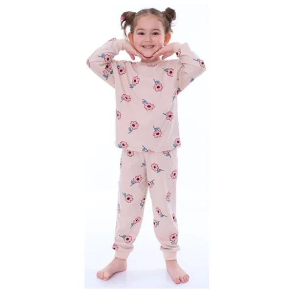 Kız Çocuk Çiçek Desenli Pijama Takımı Pembe - Görsel 5