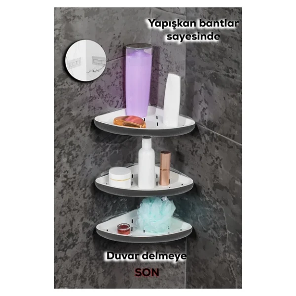 Porsima 0447 3'lü İstiridye Banyo Köşe Rafı - Yapışkanlı Duş Rafı Banyo Düzenleyici Organizer - Antrasit - Görsel 3