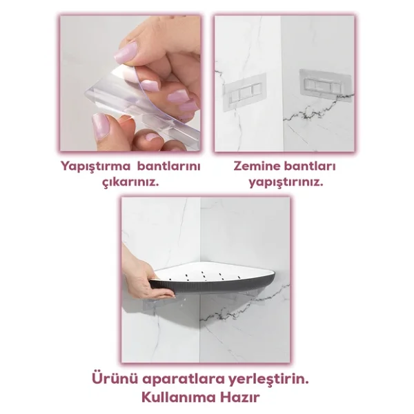 Porsima 0447 3'lü İstiridye Banyo Köşe Rafı - Yapışkanlı Duş Rafı Banyo Düzenleyici Organizer - Antrasit - Görsel 2