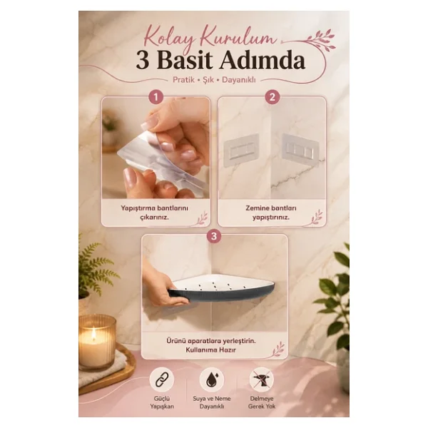 Porsima 0447 3'lü İstiridye Banyo Köşe Rafı - Yapışkanlı Duş Rafı Banyo Düzenleyici Organizer - Antrasit - Görsel 2