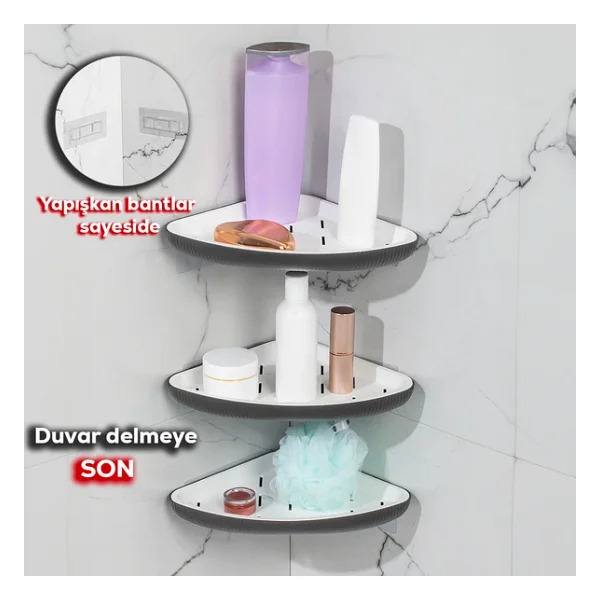 Porsima 0447 3'lü İstiridye Banyo Köşe Rafı - Yapışkanlı Duş Rafı Banyo Düzenleyici Organizer - Antrasit - Görsel 3
