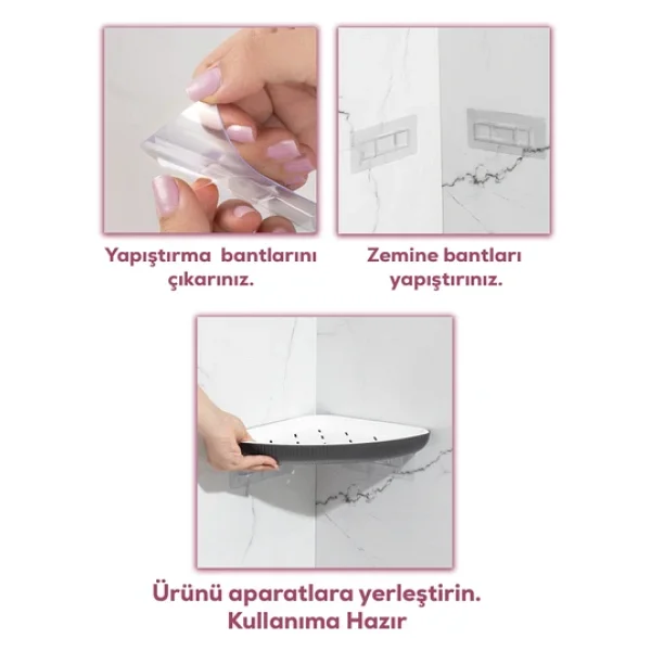 Porsima 0447 3'lü İstiridye Banyo Köşe Rafı - Yapışkanlı Duş Rafı Banyo Düzenleyici Organizer - Antrasit - Görsel 5