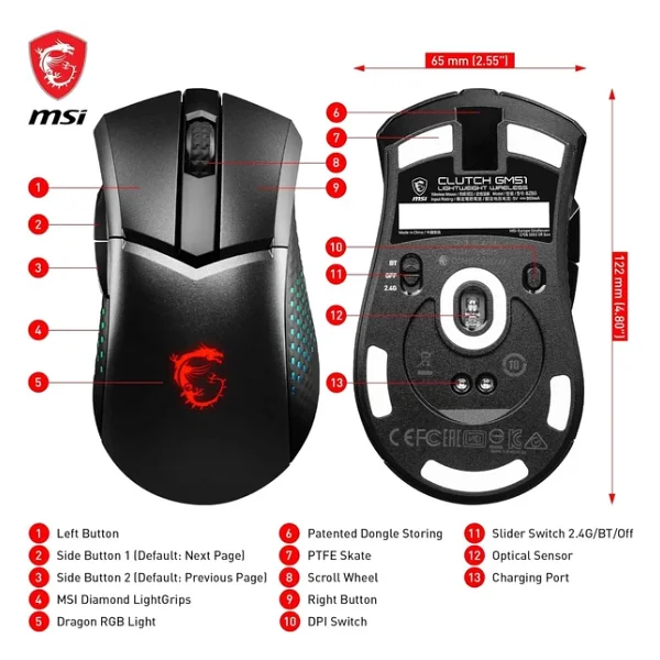 Msı Clutch Gm51 Lightweigth RGB Şarjlı Ergonomik Optik Kablosuz Oyuncu Mouse - Görsel 2