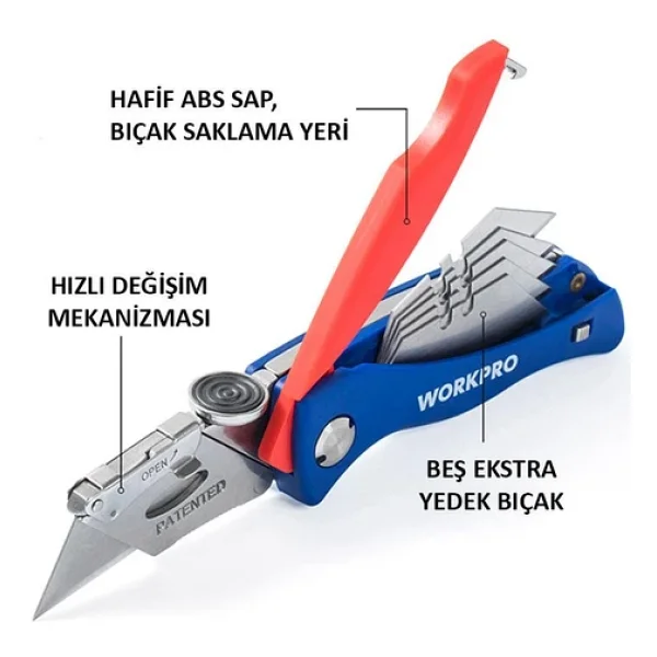 Workpro Wp211006 Paslanmaz Çelik Gövde Katlanır Rötuş Maket Bıçağı + 6 Adet Yedek Bıçak - Görsel 4