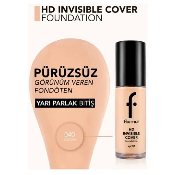 Flormar Invisible Cover HD Yarı Parlak Bitişli Spf 30 30 Ml Likit Fondöten - Görsel 6