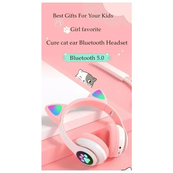 Karler Stn-28 Mikrofonlu LED Işıklı Kulak Üstü Kedi Bluetooth Kulaklık Pembe - Görsel 3