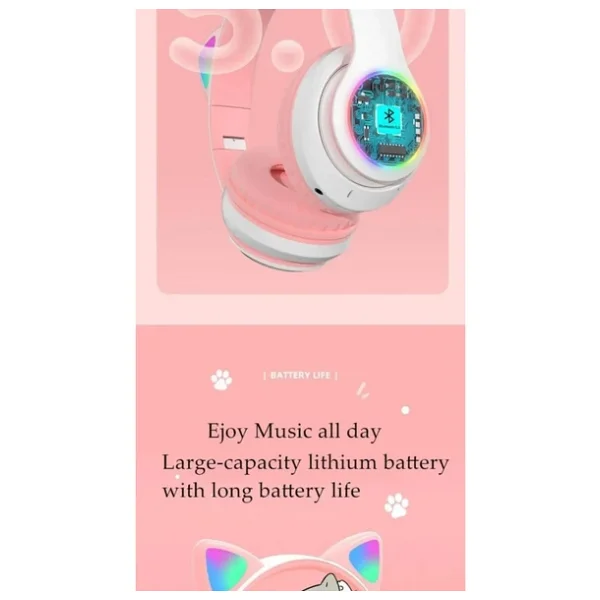 Karler Stn-28 Mikrofonlu LED Işıklı Kulak Üstü Kedi Bluetooth Kulaklık Pembe - Görsel 4