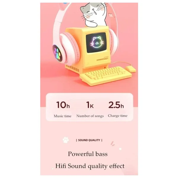 Karler Stn-28 Mikrofonlu LED Işıklı Kulak Üstü Kedi Bluetooth Kulaklık Pembe - Görsel 5