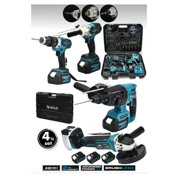Assur 21v 2.0ah Kömürsüz Darbeli 5'li Set Şarjlı Hilti + Taşlama + Somun Sıkma + Akülü Vidalama + Budama Testeri - Görsel 2