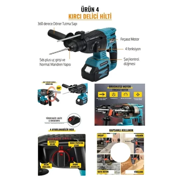 Assur 21v 2.0ah Kömürsüz Darbeli 5'li Set Şarjlı Hilti + Taşlama + Somun Sıkma + Akülü Vidalama + Budama Testeri - Görsel 4