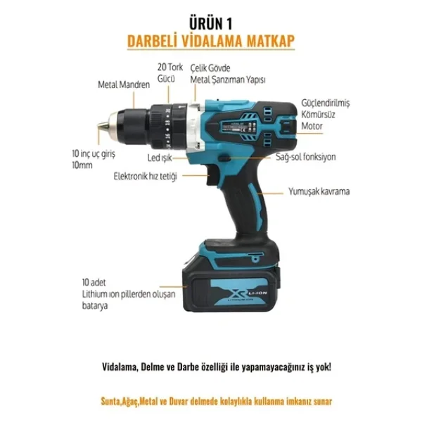 Assur 21v 2.0ah Kömürsüz Darbeli 5'li Set Şarjlı Hilti + Taşlama + Somun Sıkma + Akülü Vidalama + Budama Testeri - Görsel 3