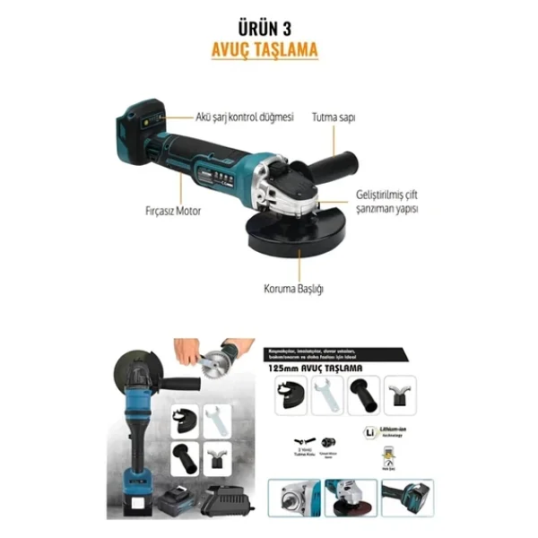 Assur 21v 2.0ah Kömürsüz Darbeli 5'li Set Şarjlı Hilti + Taşlama + Somun Sıkma + Akülü Vidalama + Budama Testeri - Görsel 5