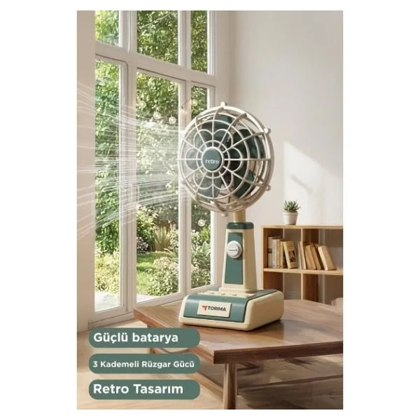 Torima Retro F49 Mini Yeşil Masaüstü Şarjlı Vantilatör - Görsel 3