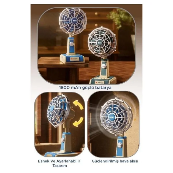 Torima Retro F49 Mini Yeşil Masaüstü Şarjlı Vantilatör - Görsel 5