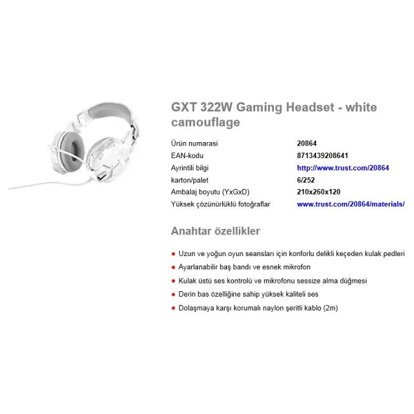 Trust Dynamic 20864 GXT322W Beyaz Mikrofonlu Oyuncu Kulaklığı - Görsel 8
