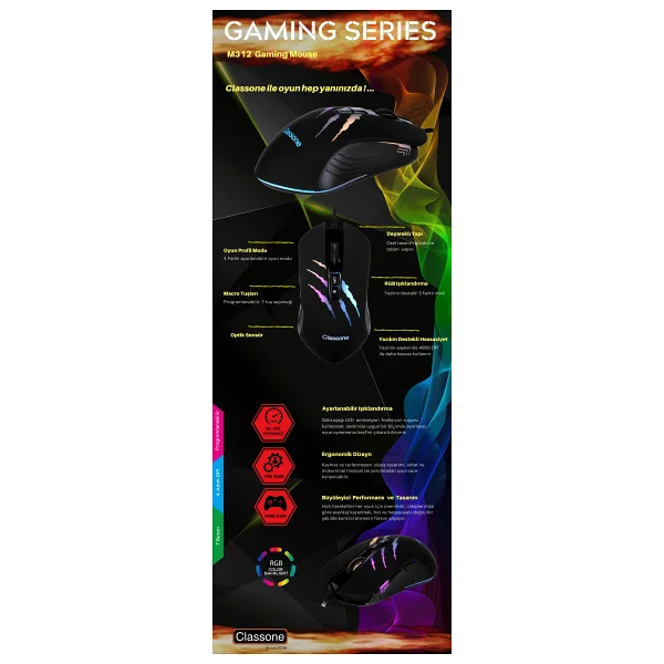 Classone M312 RGB Optik Kablolu Oyuncu Mouse - Görsel 8