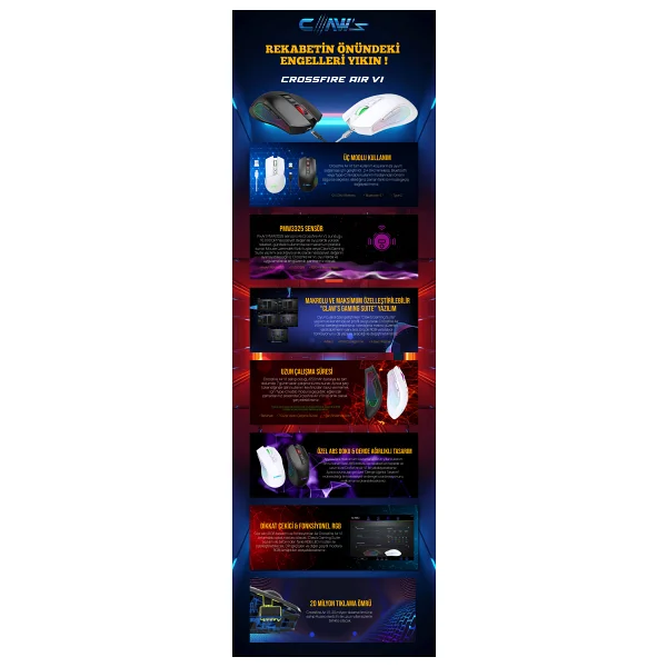 Claws Crossfire Air V1 Siyah RGB Makrolu Şarjlı Optik Kablolu/Kablosuz Oyuncu Mouse - Görsel 8