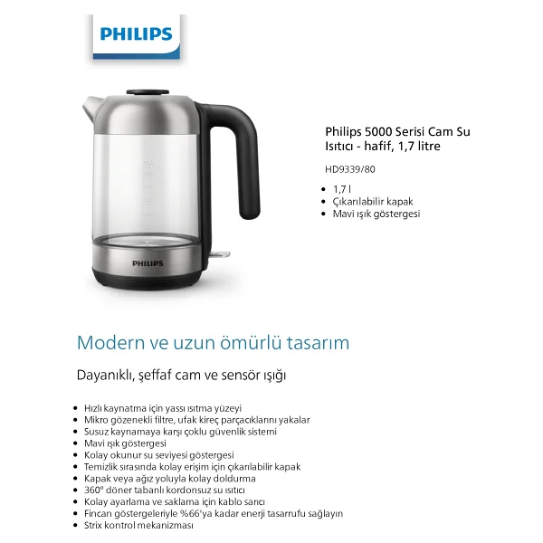 Philips 5000 Serisi 1,7 Litre Cam Su Isıtıcı - Dayanıklı Cam Gövde, Otomatik Kapanma, Şık Tasarım Ve Hızlı Isıtma Özellikleri - Görsel 9