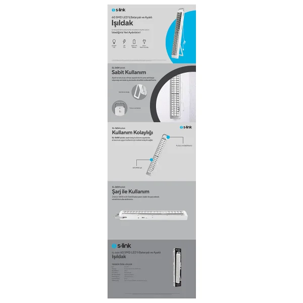 S-Link Sl-3654 60 Smd Şarjlı LED Işıldak - Görsel 9