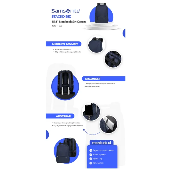 Samsonite Stackd Bız Kh8-41-002 Lacivert 15.6" Laptop Sırt Çantası - Görsel 7